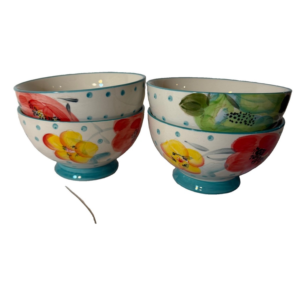 4 Pioneer Woman Bloom Dots Turquoise Footed Bowls 6" Floral